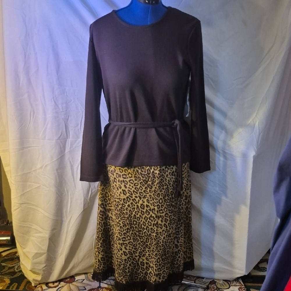 Lennie For Nina Leanard LS Brown Top with Tye Belt Leopard Print Skirt(#717)NWT